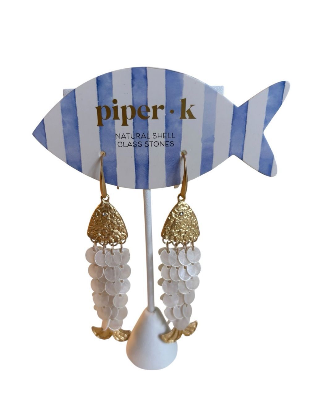 Hammered Brush Gold Tone Fish Head Drop Earrings w/ Cascading Shell Discs.